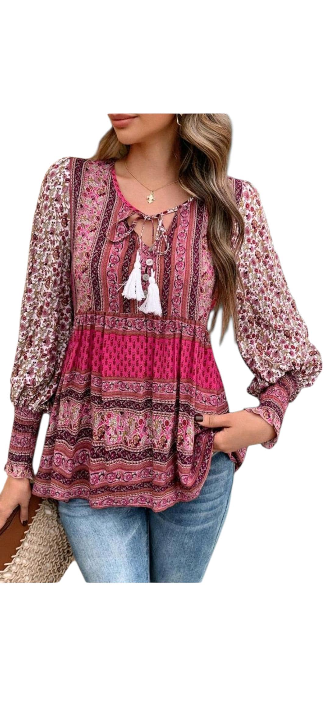 Women's Boho Rose Pink Peplum Blouse | V-Neck Tassel Detail Long Sleeve Tunic – Size XL