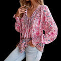 Pink Boho Flowy Blouse – V-Neck, Long Sleeves, Loose Relaxed Fit – Elegant Bohemian Style – Size L