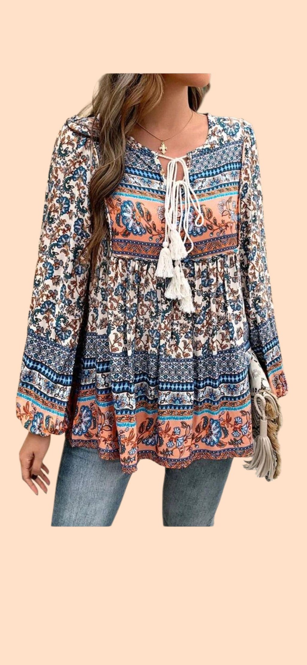 Boho (M) Blue with Peach Flowy, Long Sleeves Blouse with Tassel Ties.