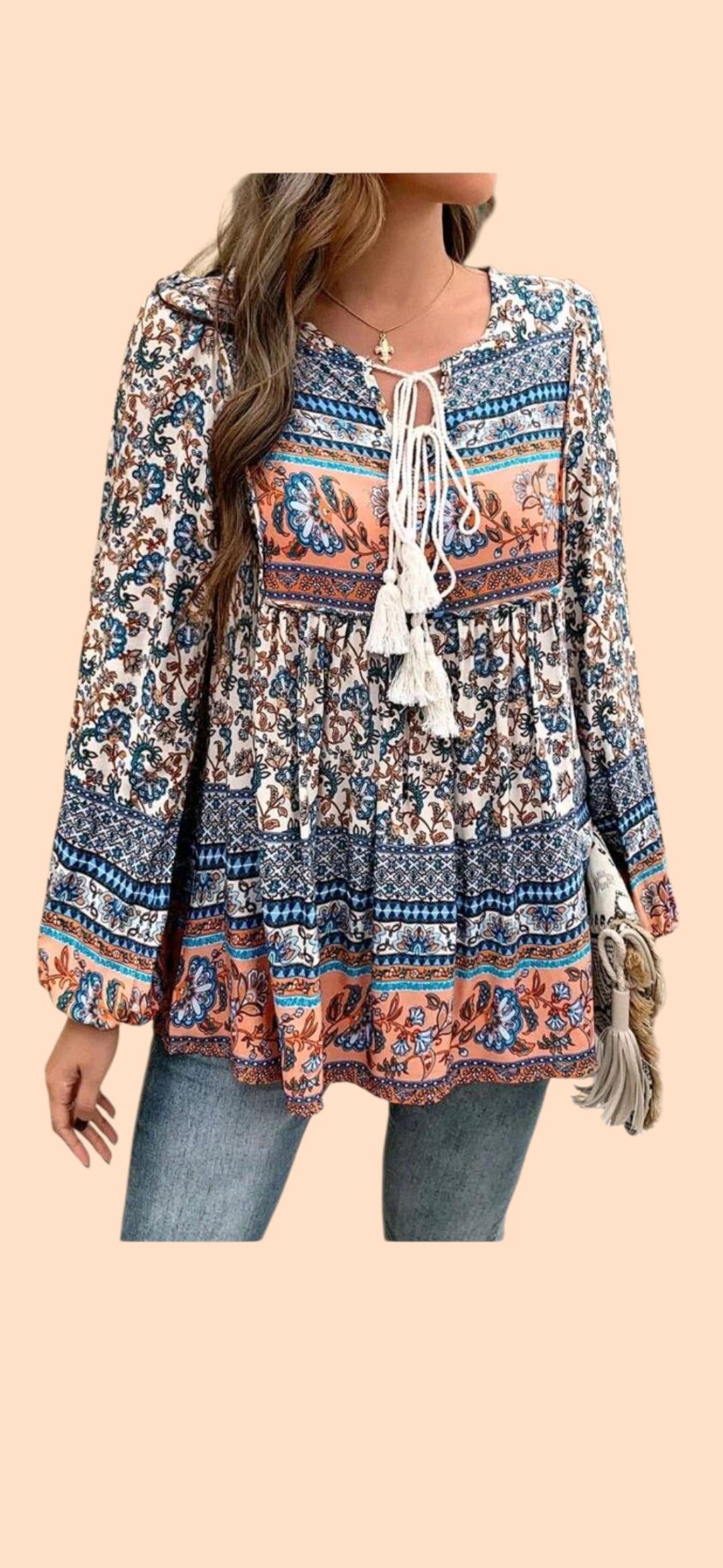Boho (M) Blue with Peach Flowy, Long Sleeves Blouse with Tassel Ties.
