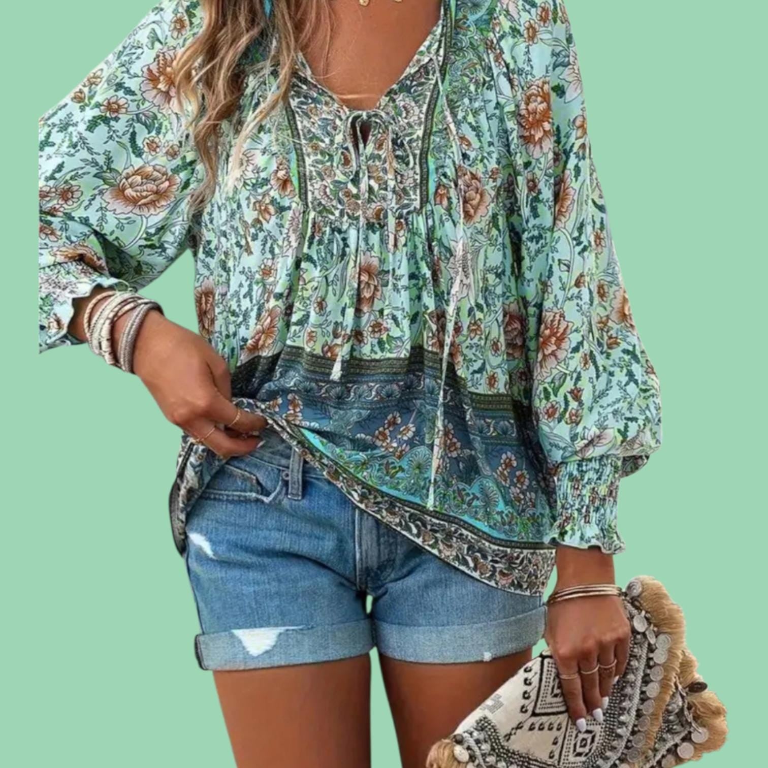 Bohemian Green Floral Blouse - V-Neck Tie Front Long Sleeve Tunic Top - Women's XL