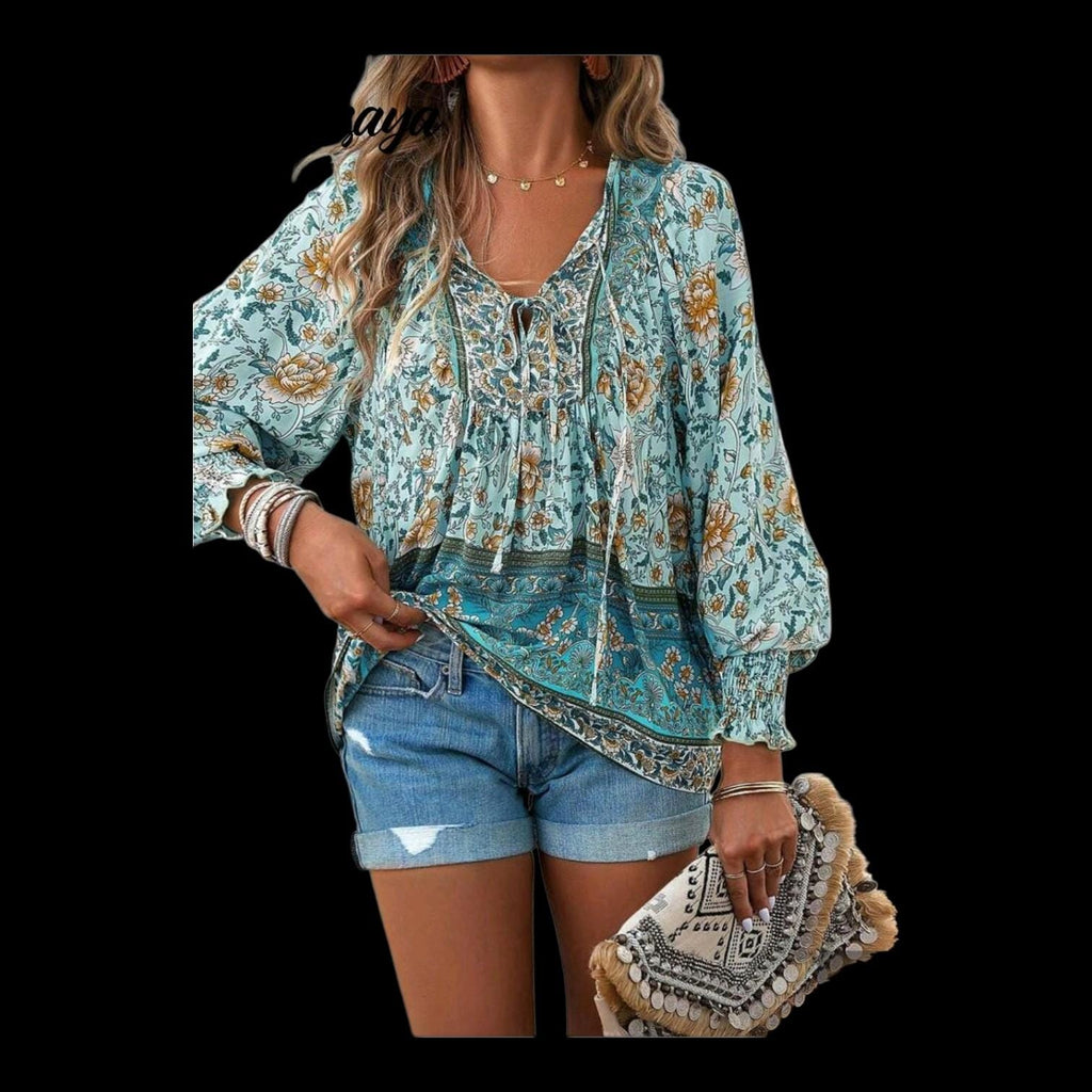 Women's Boho Blue Floral Blouse | Viscose V-Neck Long Sleeve with Ties – Size L