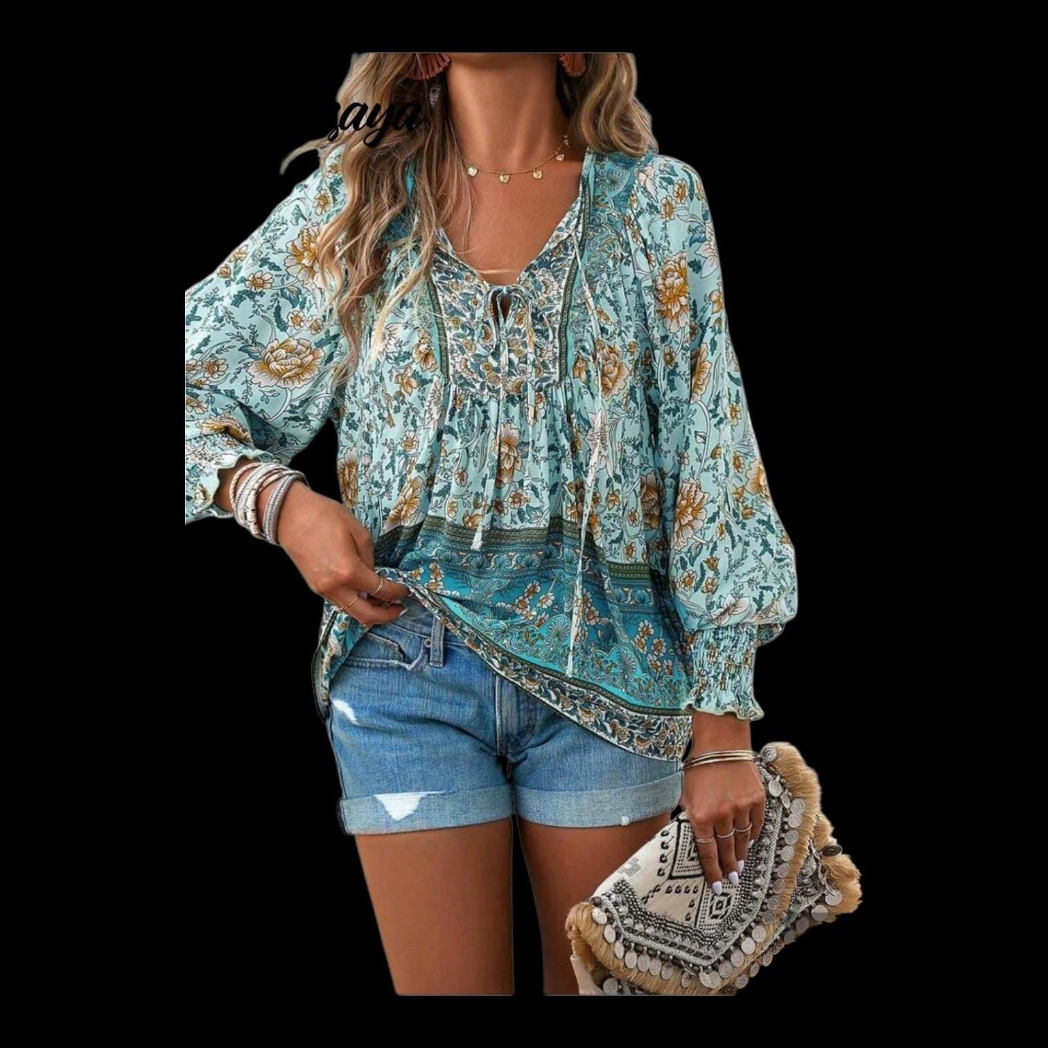 Women's Boho Blue Floral Blouse | Viscose V-Neck Long Sleeve with Ties – Size L