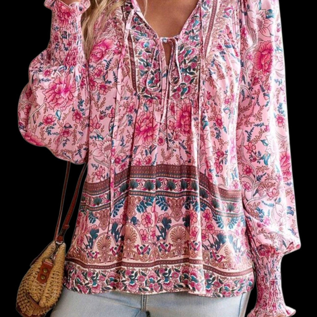 N-Women's Chiffon Boho Blouse | Pink Floral Long Sleeve V-Neck Top – Size L