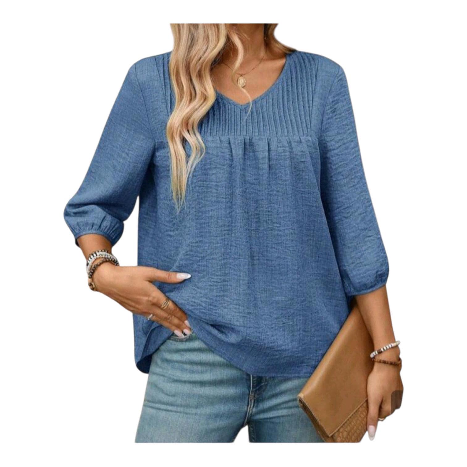 Blue Boho Flowy V-Neck Top – Loose Relaxed Fit, Elegant Bohemian Style – Size L