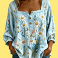 Blue Peasant Loose Blouse - Women's Flowy Top - Bohemian Casual Shirt - Size: M