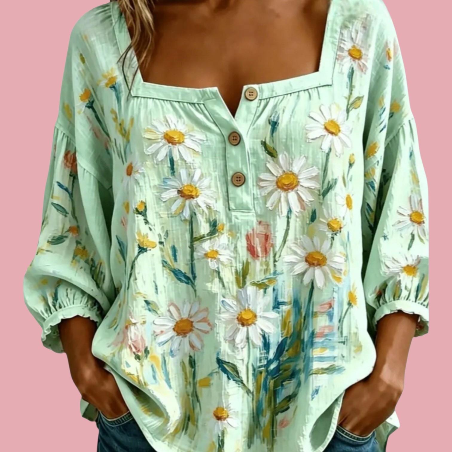 Women's Mint Daisy Print Boho Blouse | Boutique Floral Flowy Top – Size L