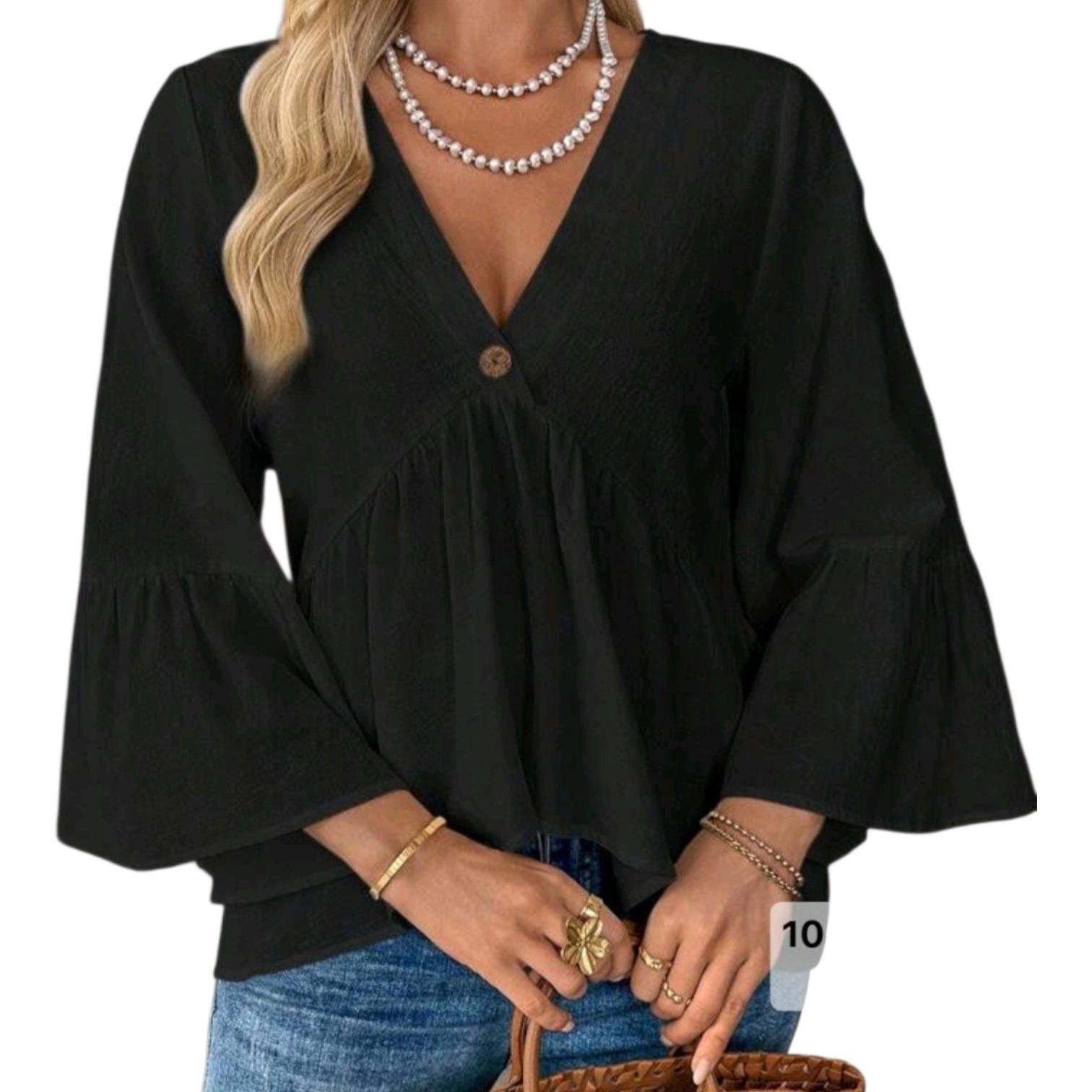 Boho 100% Cotton Black Blouse – Flowing V-Neck, Relaxed Fit | Size L