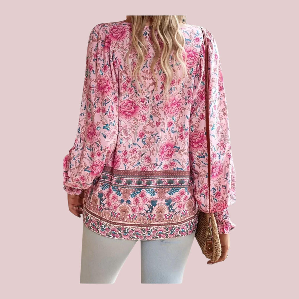 Boho Pink Soft-Drape Flowy V-Neck Top with Ties – Long Sleeves Elegant Boho Style – XXL