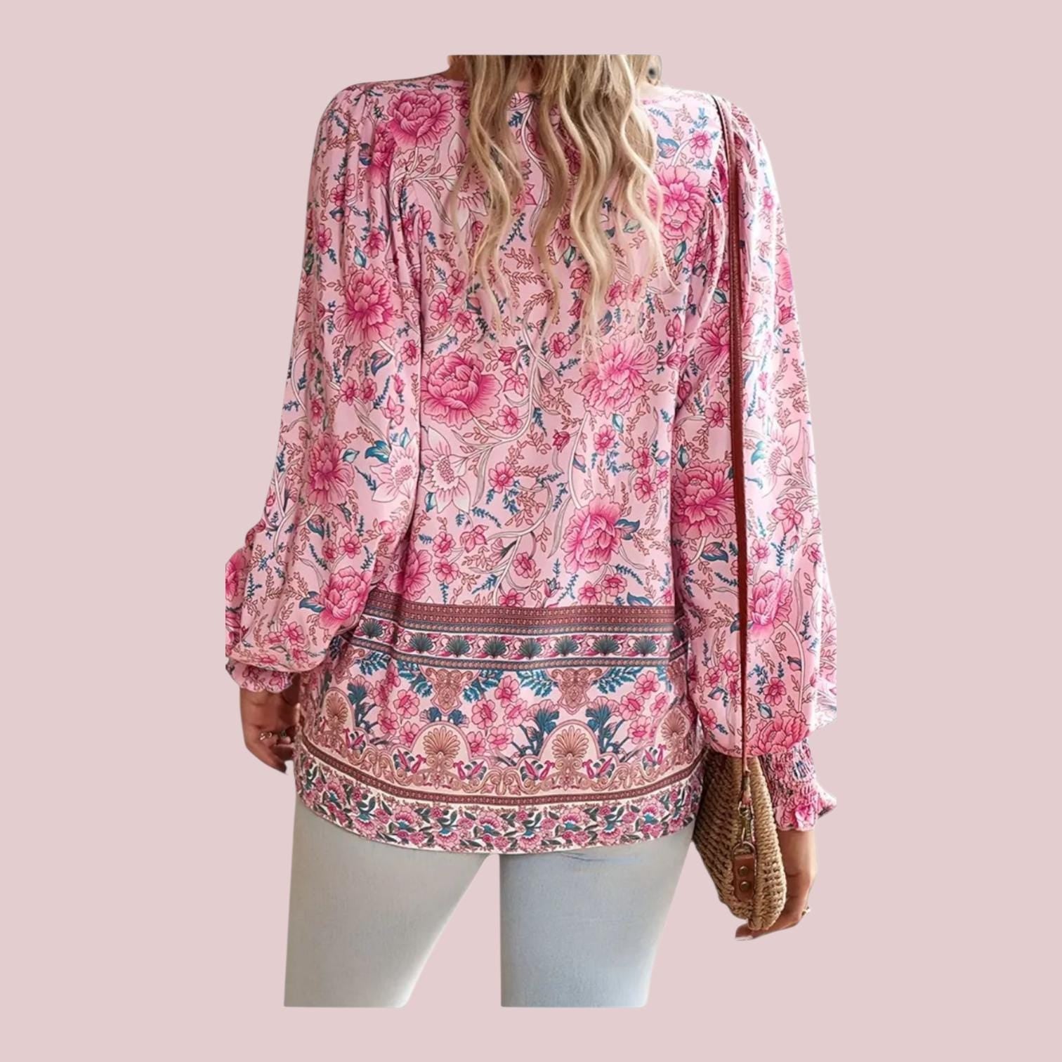 Boho Pink Soft-Drape Flowy V-Neck Top with Ties – Long Sleeves Elegant Boho Style – XXL