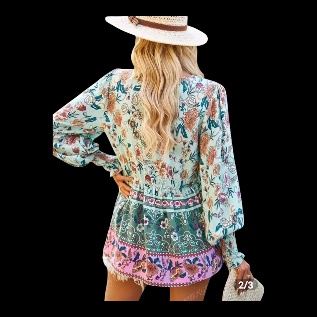 Women's Boho Peplum Tunic Top | Pink Blue Floral, V-Neck with Tassels & Buttons – Size XL