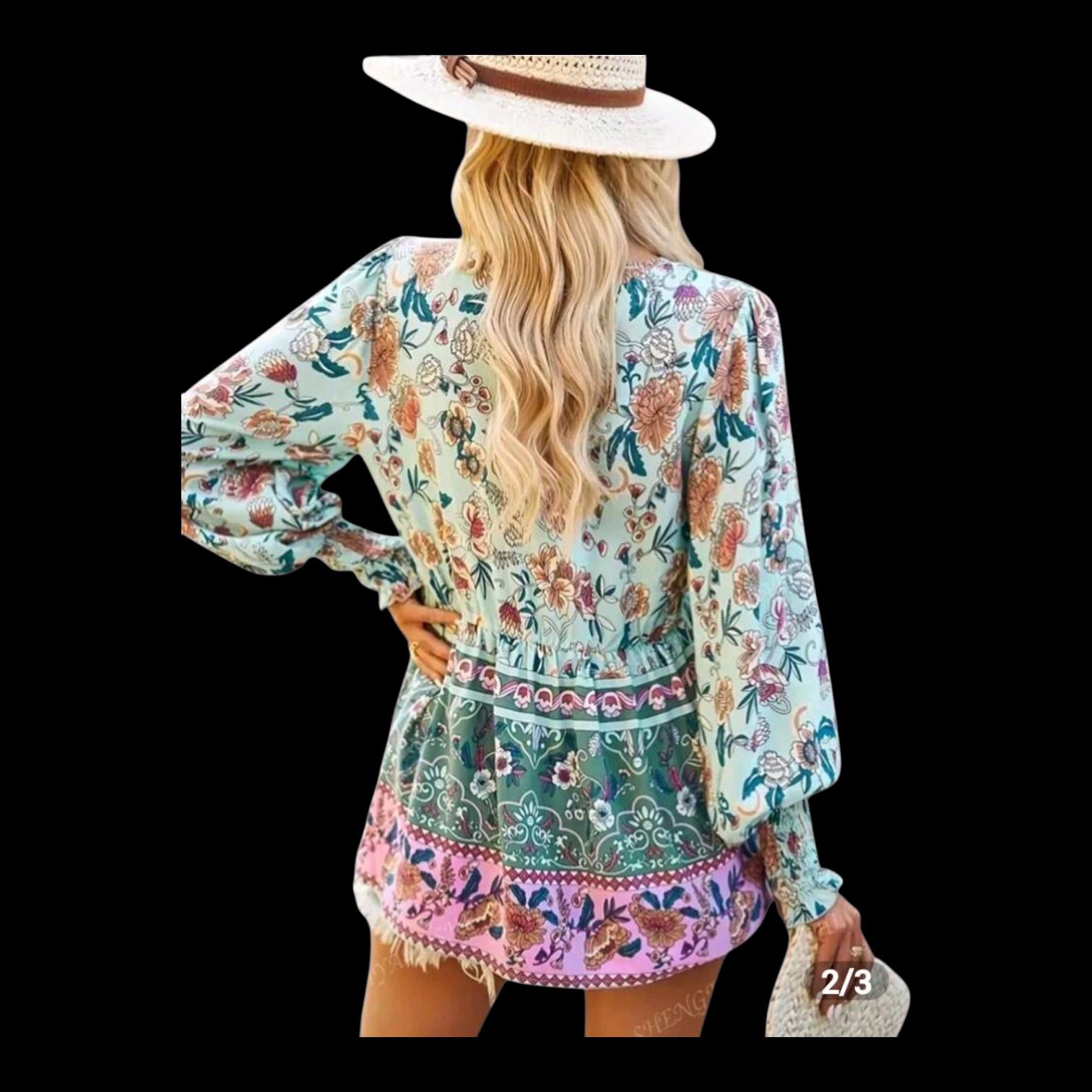 Women's Boho Peplum Tunic Top | Pink Blue Floral, V-Neck with Tassels & Buttons – Size XL