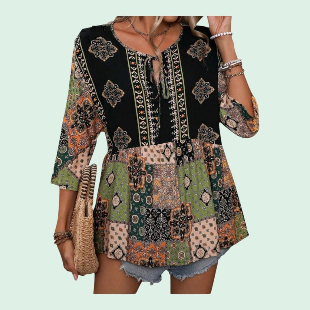 Women's Boho Patchwork Peplum Tunic | Earth Tone Long Top – Size S