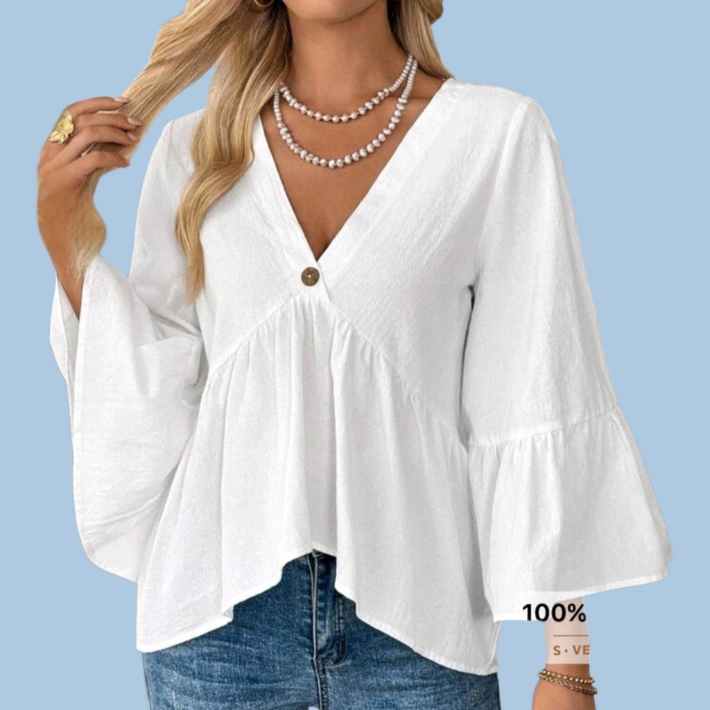 Boho 100% Cotton White V-Neck Flowy Top – Hippie Loose Fit – L