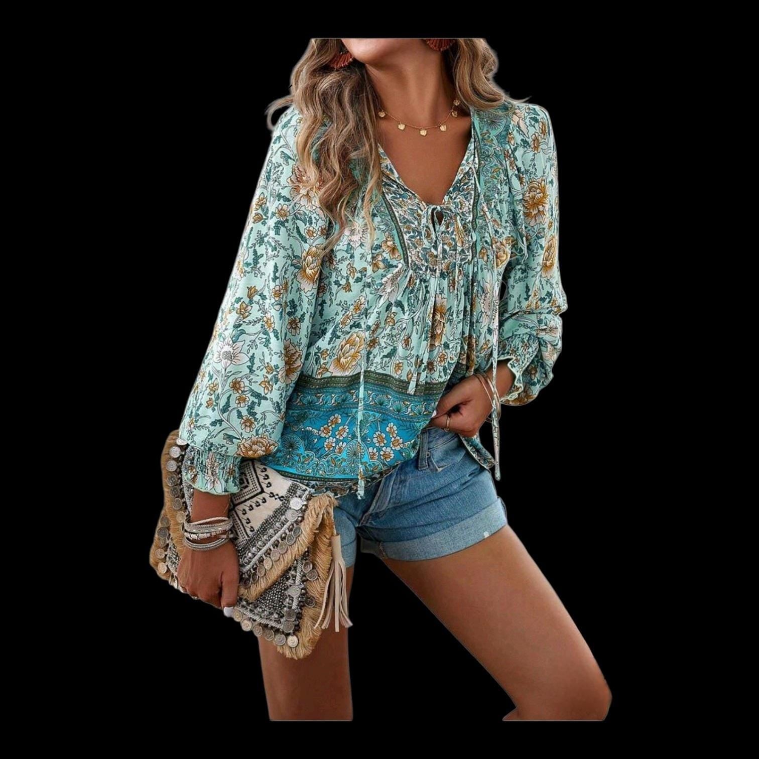 Sky Blue Boho Peasant Blouse – Women's XXL | Flowy, Comfortable & Elegant