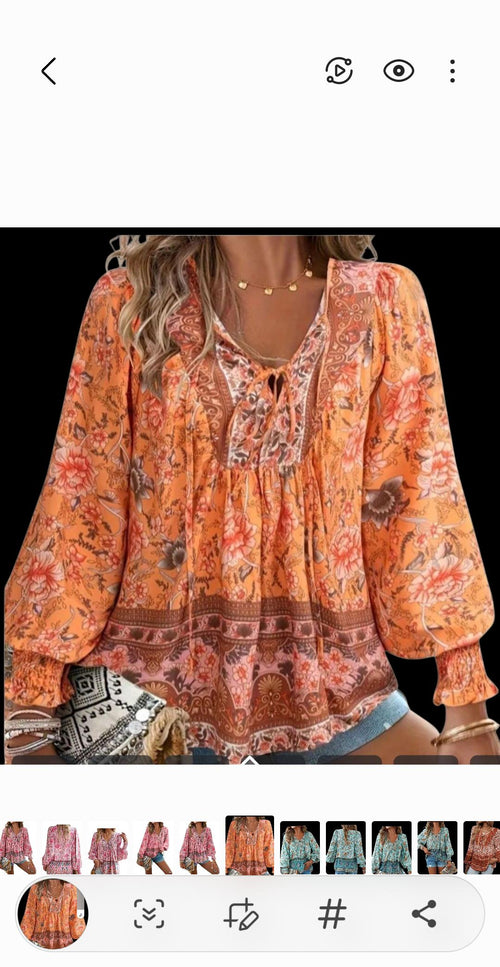 Bohemian Orange Flowy Peasant Blouse - Women's L Loose Fit V-Neck with Ties