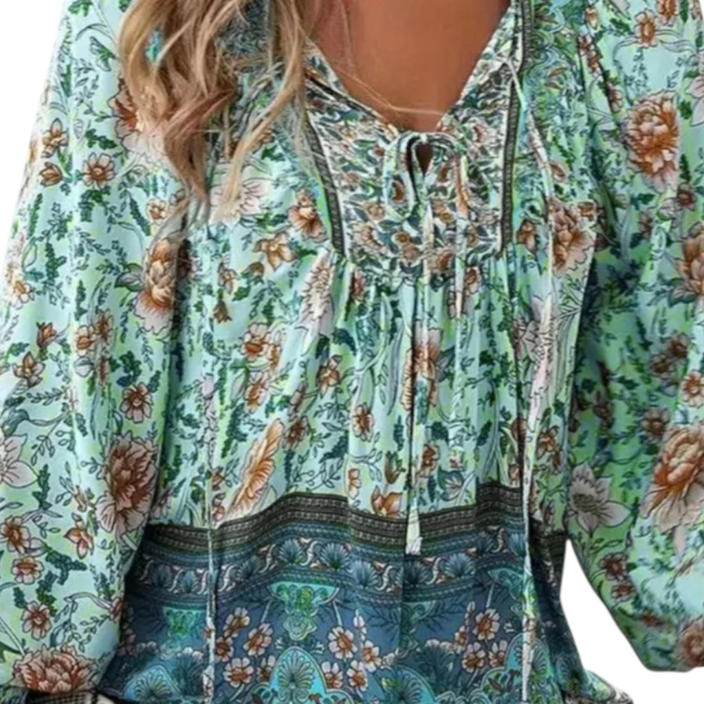 Green Boho V-Neck Blouse – Flowy Long Sleeve with Tie Closure, Elegant Bohemian Style – Size L