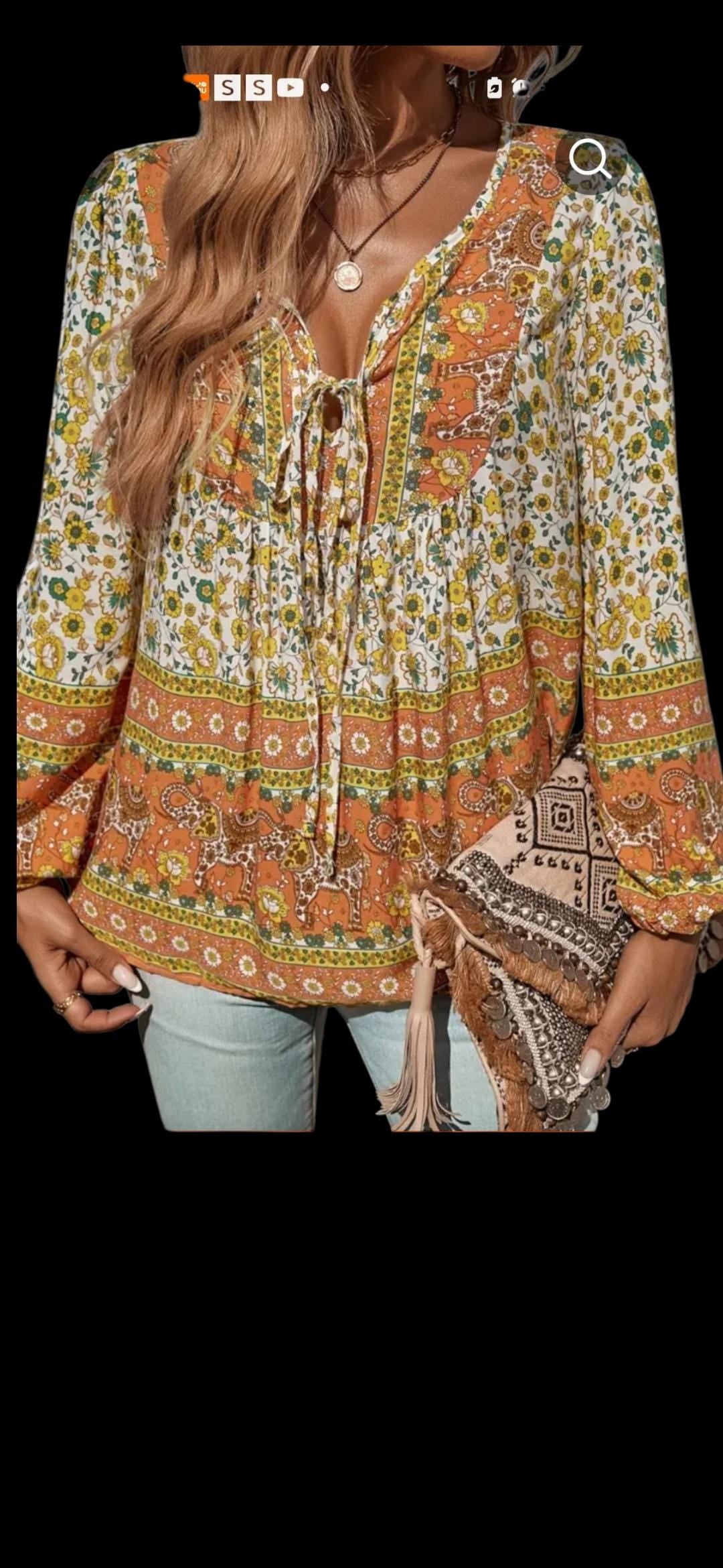 Boho (L) Women's Top Orange/Yellow, Hippie Casual Free-Spirit, Long Sleeves, Flowy, V-neck With Ties.
