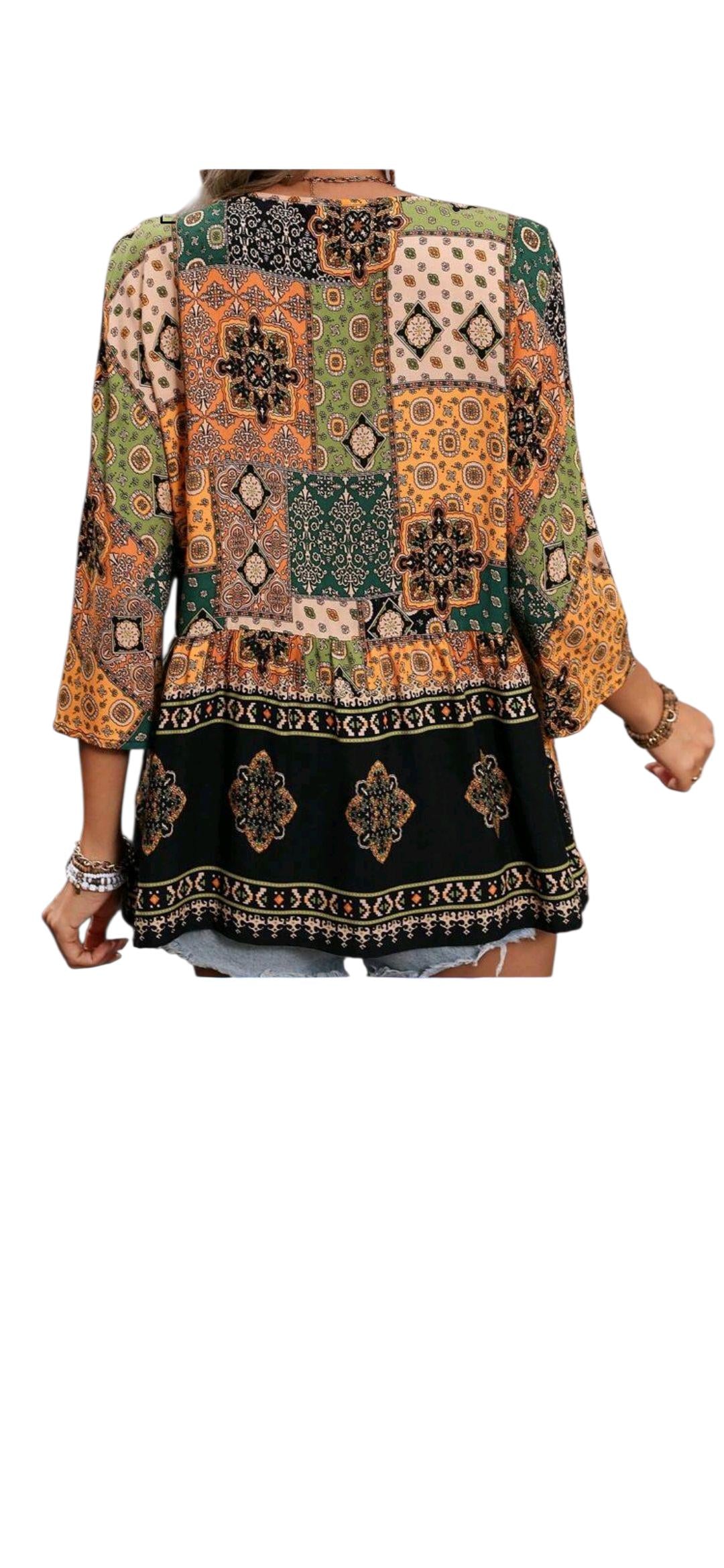 Bohemian Patchwork Peplum Tunic – V-Neck with Lace-Up Ties, 3/4 Sleeves – Size M