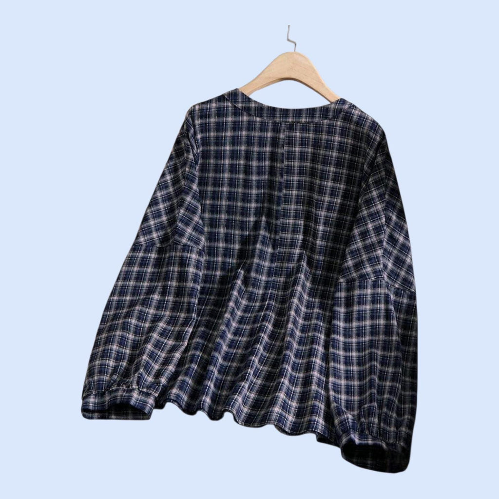 Plus Size Navy Plaid Boho Blouse – Elegant Long Sleeve V-Neck Top – Size 18 (3XL)