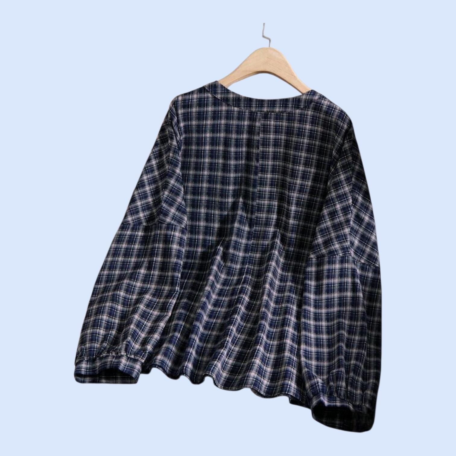 Plus Size Navy Plaid Boho Blouse – Elegant Long Sleeve V-Neck Top – Size 18 (3XL)