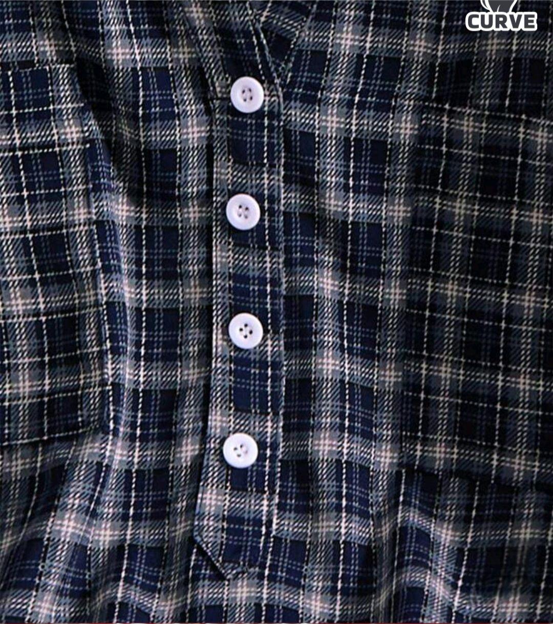 Plus Size Navy Plaid Boho Blouse – Elegant Long Sleeve V-Neck Top – Size 18 (3XL)