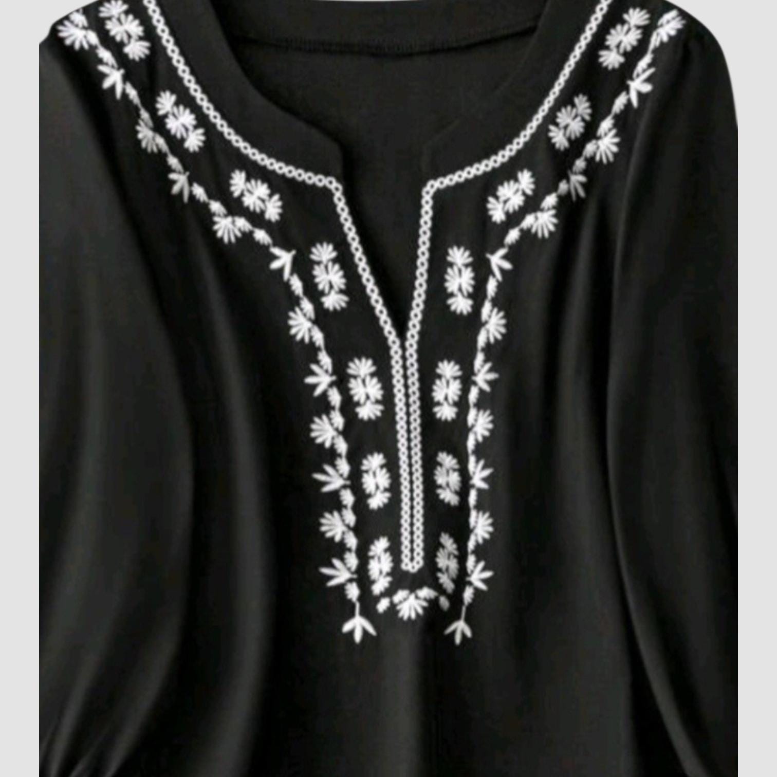 Oversized Boho Top Black White Embroidered Blouse, Loose Flowy Hippie Style 20 (4XL)