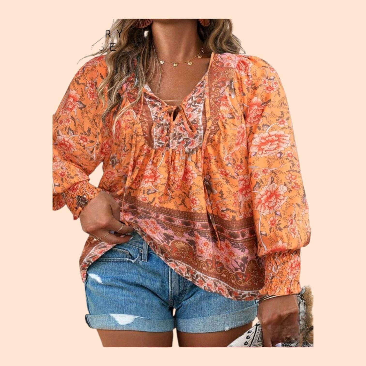 Women's Plus Size 4XL Boho Floral Blouse | Tangerine Orange Hippie Long Sleeve Top