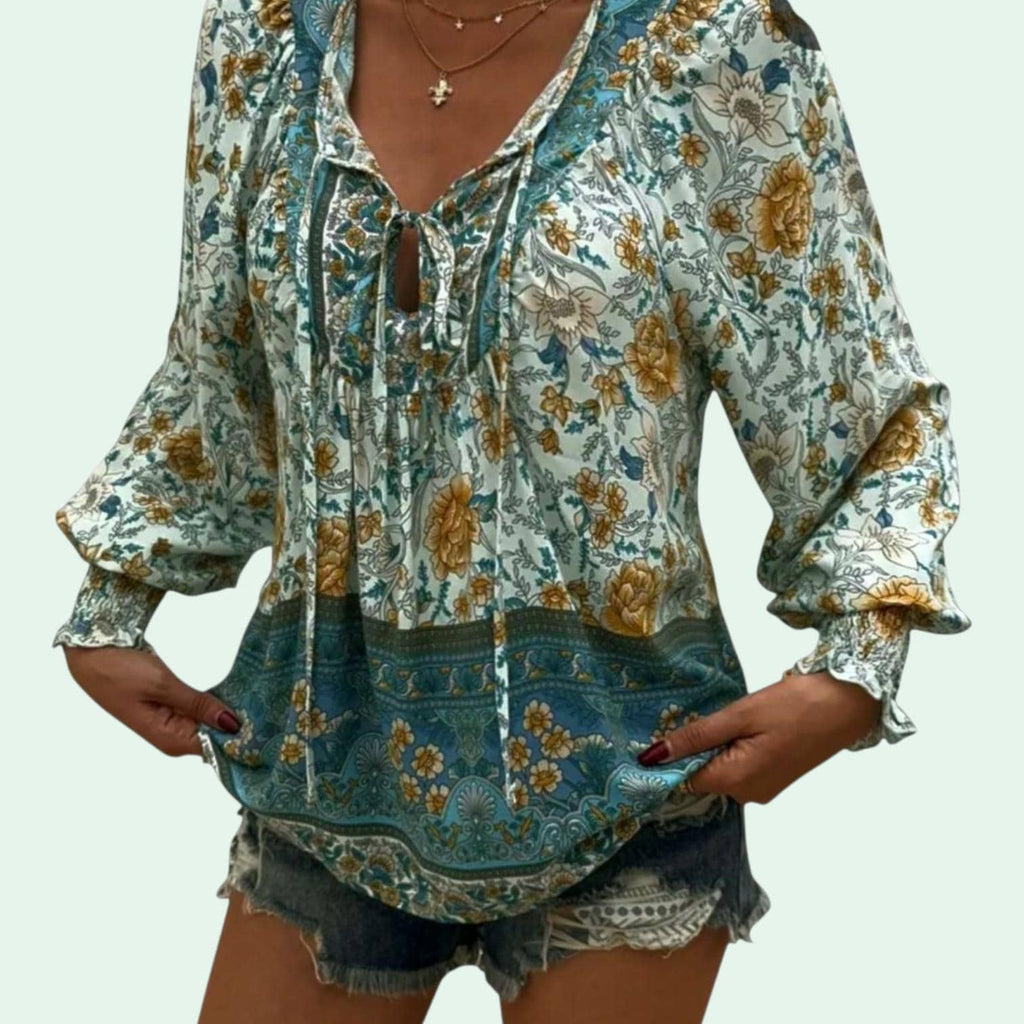 Women's Green Boho Blouse – Flowy V-Neck with Lace-Up Ties, Long Sleeves – Size L