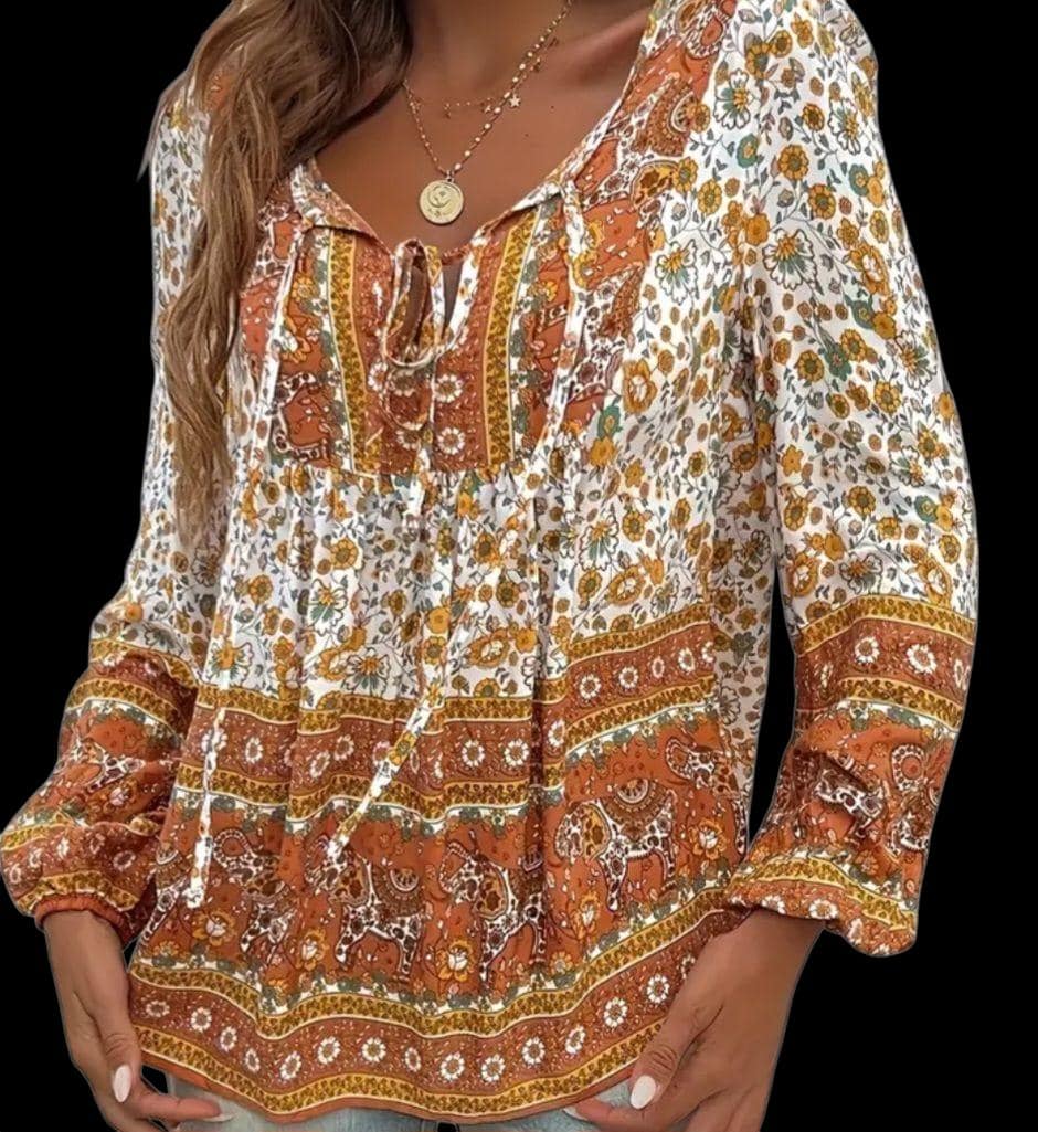 Boho (S) Women's Casual Floral Coffee Brown Blouse with Long Sleeves, V-neck and Ties.
