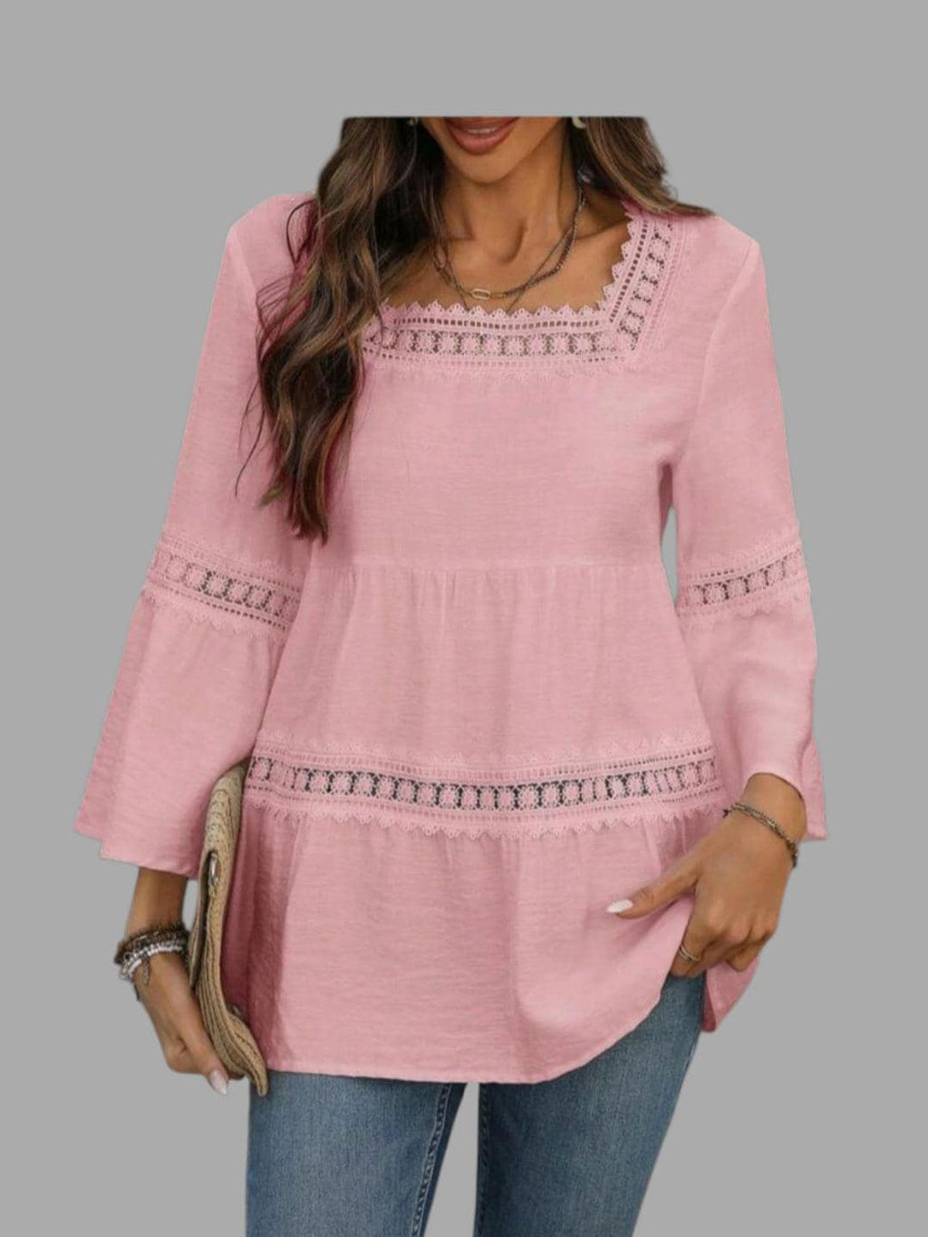 Women's Boho Dusty Rose Tunic Top | 3/4 Flare Sleeve with Lace & Fringe – Size L