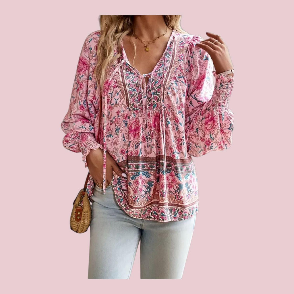 Pink Boho Flowy Blouse – V-Neck, Long Sleeves, Loose Relaxed Fit – Elegant Bohemian Style – Size L