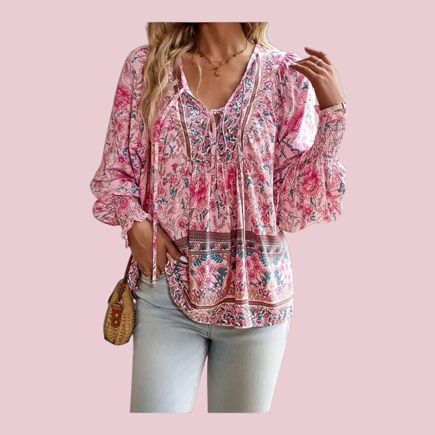 Pink Boho Flowy Blouse – V-Neck, Long Sleeves, Loose Relaxed Fit – Elegant Bohemian Style – Size L