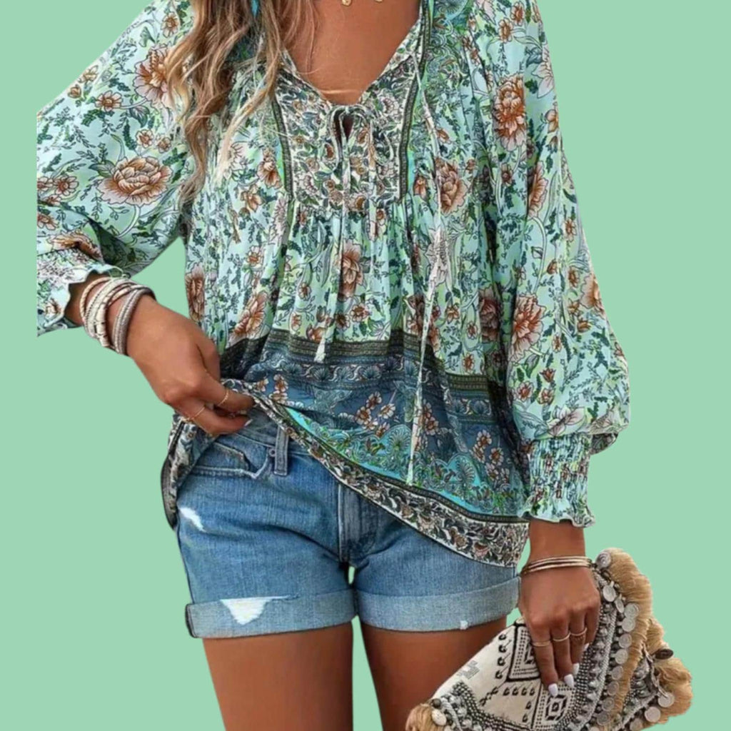 Boho Mint Green 70's Hippie Style Top, Casual Loose Flowy Blouse - (XXL)