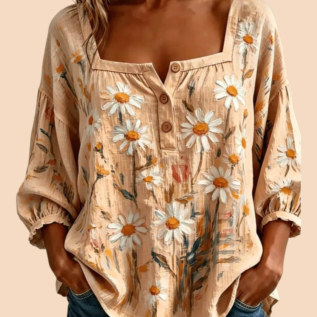 JUST ARRIVED  Boho Peach Casual Babydoll Blouse with 3/4 Sleeves-Size: (L)