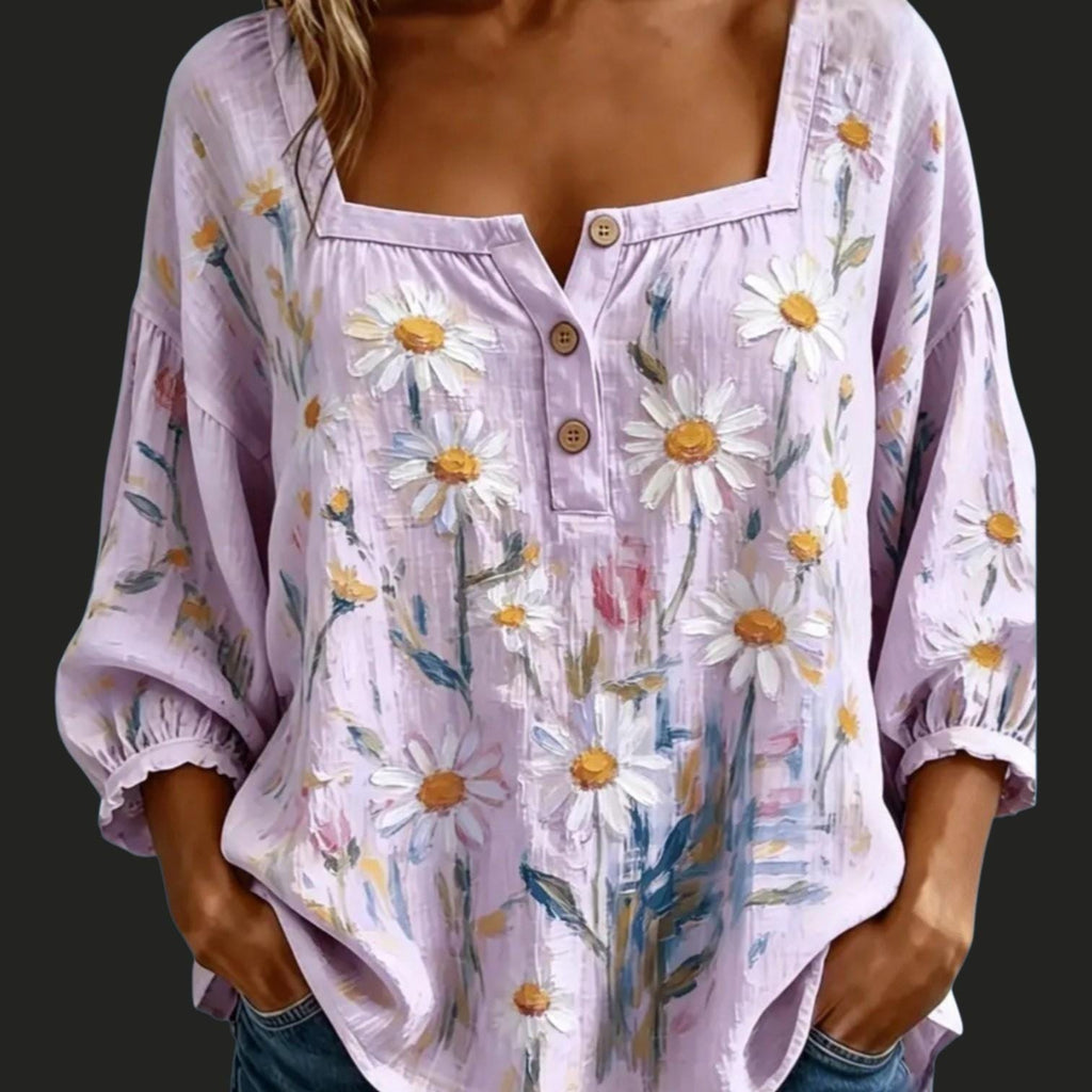 Women's Boho Lavender Flowy Blouse | Square Neck 3/4 Sleeve Top – Size XL