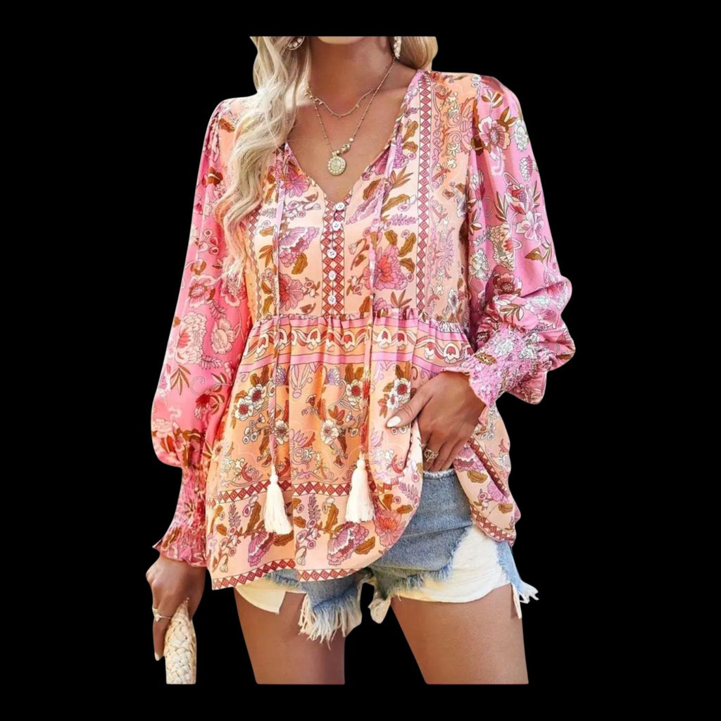 Boho Plus Size 22 (5XL) Pink and Peach Floral Print Blouse: Women's Relaxed Fit Tunic casual Hippie Top