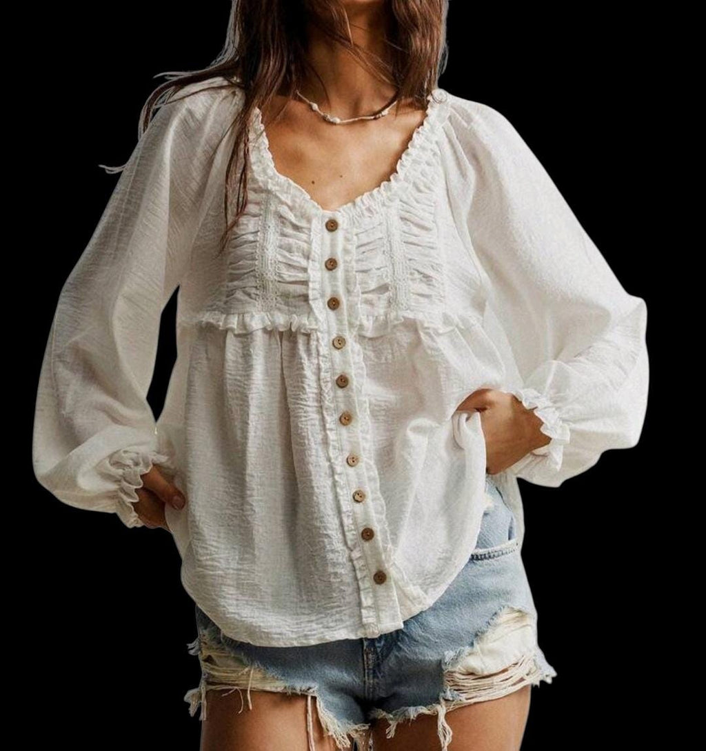 Boho White Flowy Blouse – Ruffle V-Neck, Bishop Sleeves, Relaxed Fit | Women's Large