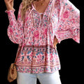 N-Pink Floral Chiffon Boho Blouse – V-Neck with Tie Closure, Long Sleeves – Elegant Bohemian Style – Size XXL