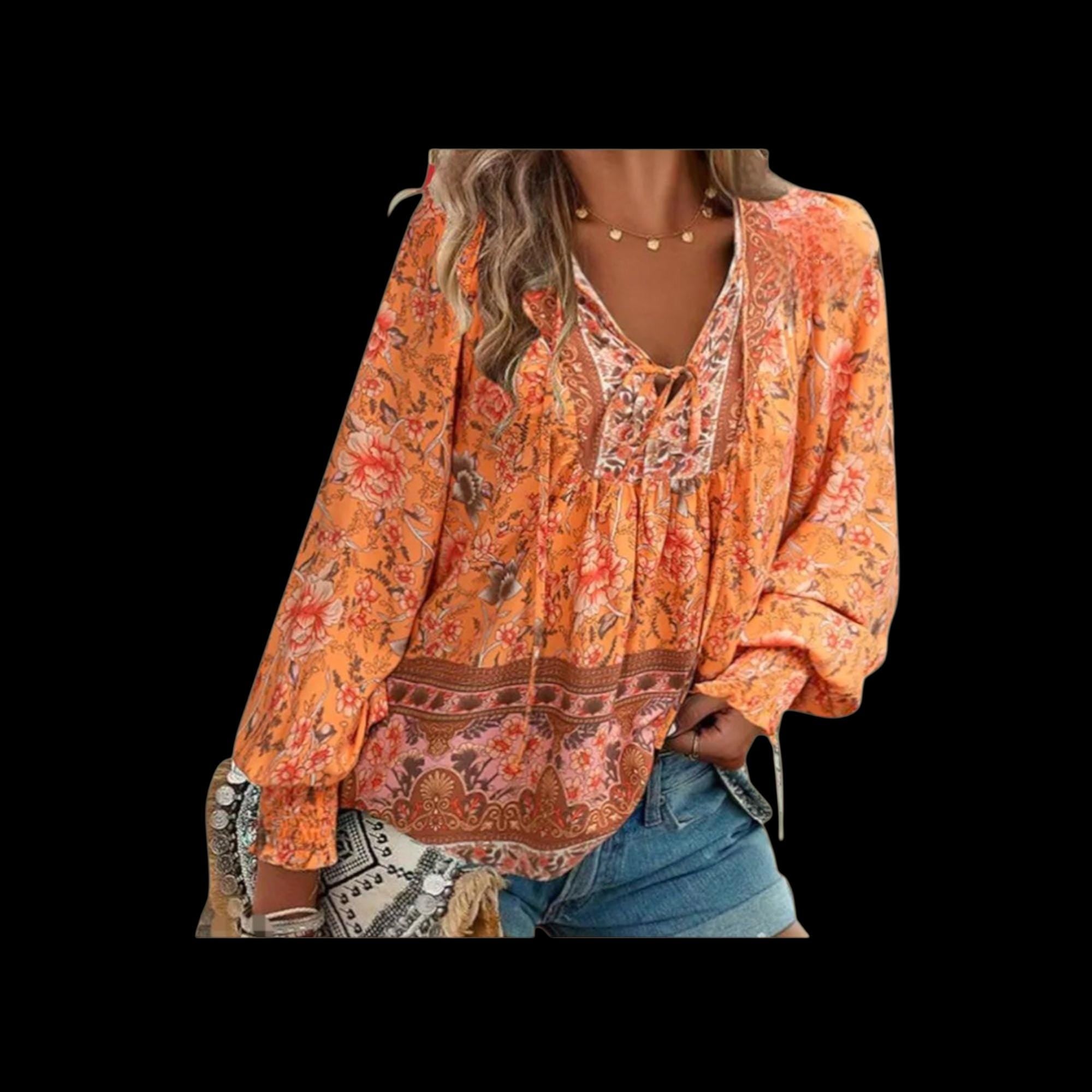 N-Boho Blouse – Flowy V-Neck with Ties, Long Sleeves – Elegant Bohemian Style – Size L
