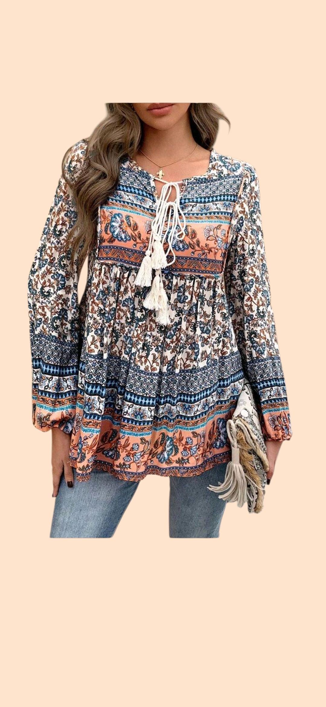 Boho (M) Blue with Peach Flowy, Long Sleeves Blouse with Tassel Ties.