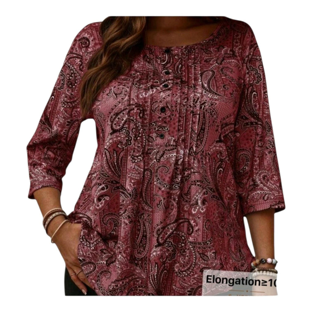 Women's Plus Size Boho Burgundy Top | Flowy Hippie Long Sleeve Tunic - 3XL