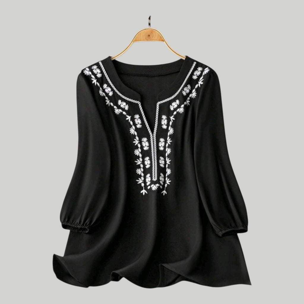 Plus Size 18 (3XL) Boho Black & White Embroidery Top, Casual or Dress Loose Flowy Hippie Style