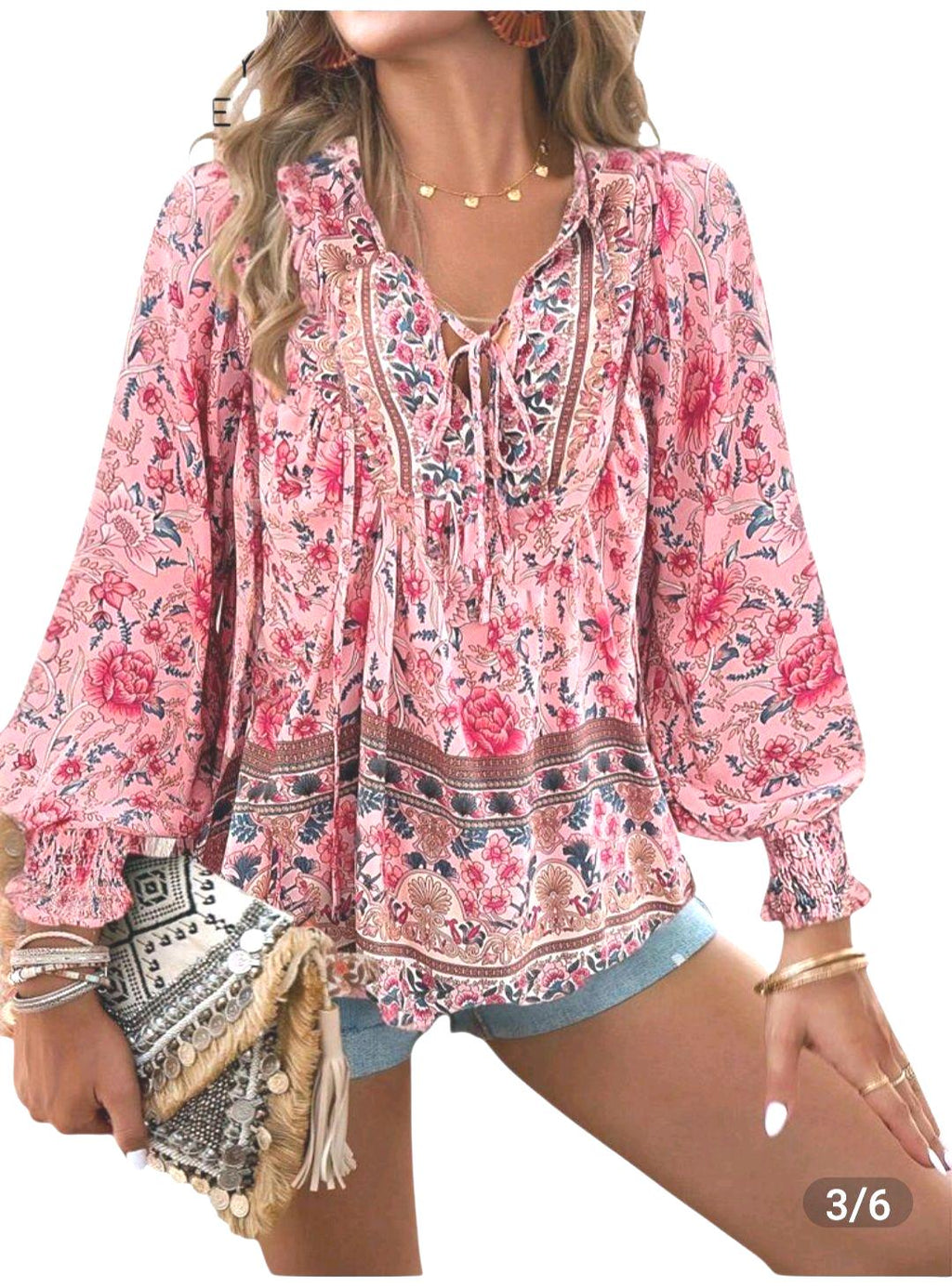 Women's Floral Boho Blouse | Relaxed Fit Babydoll Top, Long Sleeves, V-Neck – Size XXL