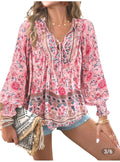 Women's Floral Boho Blouse | Relaxed Fit Babydoll Top, Long Sleeves, V-Neck – Size XXL