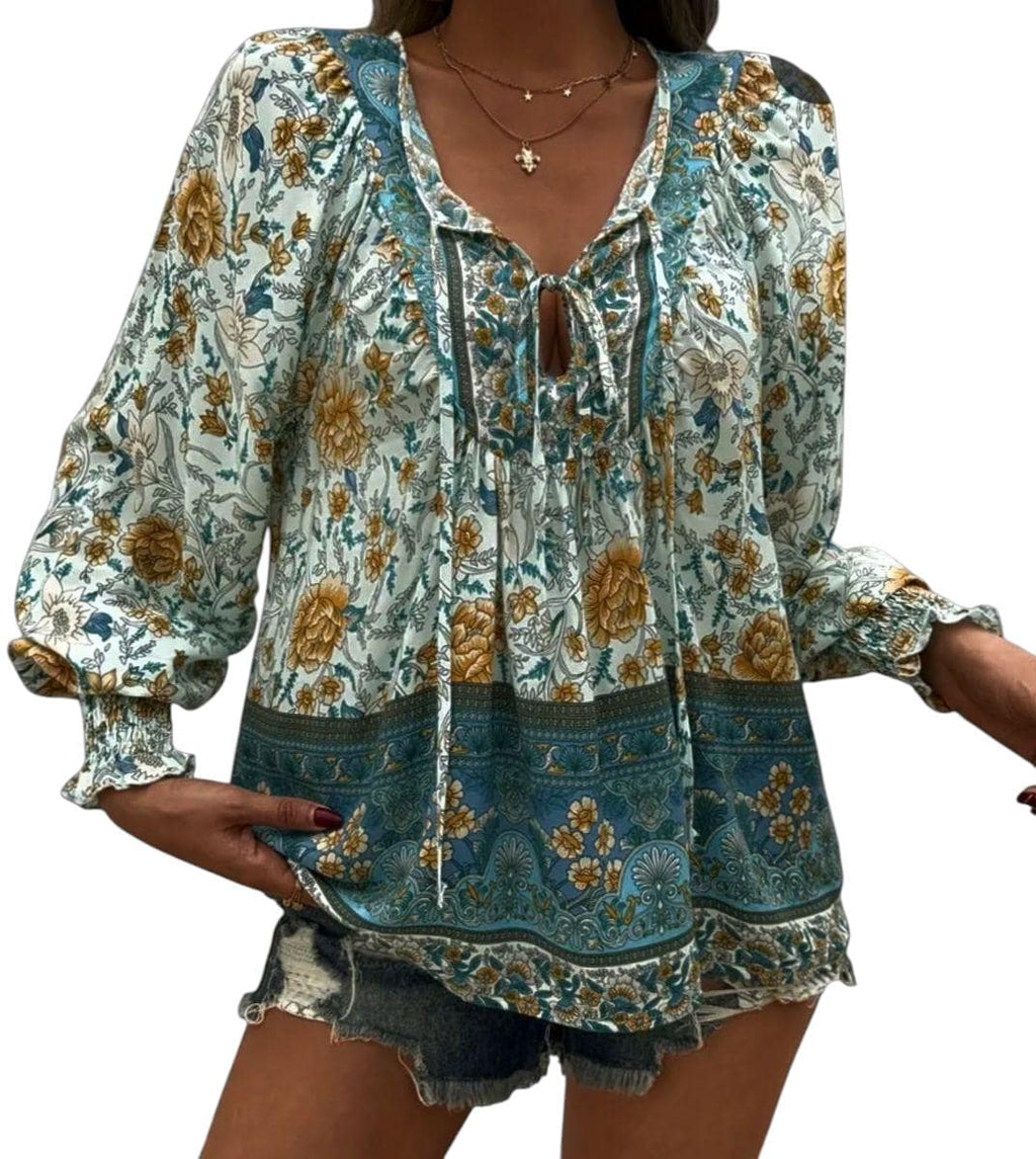 Boho Green Flowy Peasant Blouse – Hippie V-Neck with Ties – XL