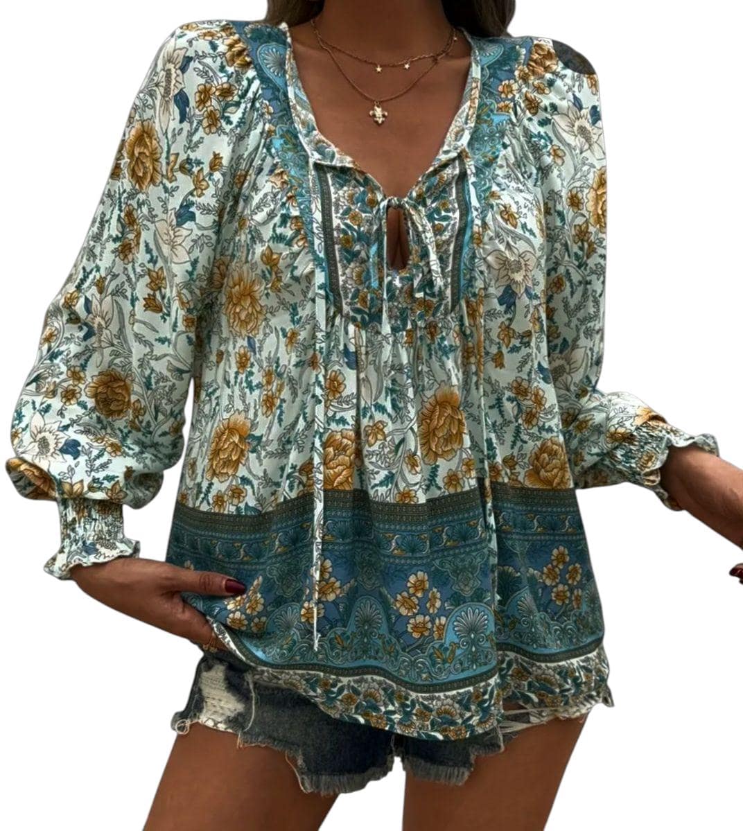 Boho Green Flowy Peasant Blouse – Hippie V-Neck with Ties – XL