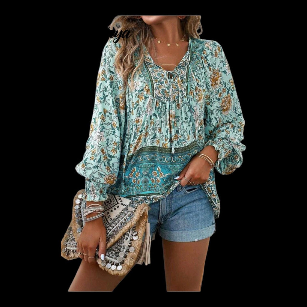 Women's Boho Blue Floral Blouse | Viscose V-Neck Long Sleeve with Ties – Size L