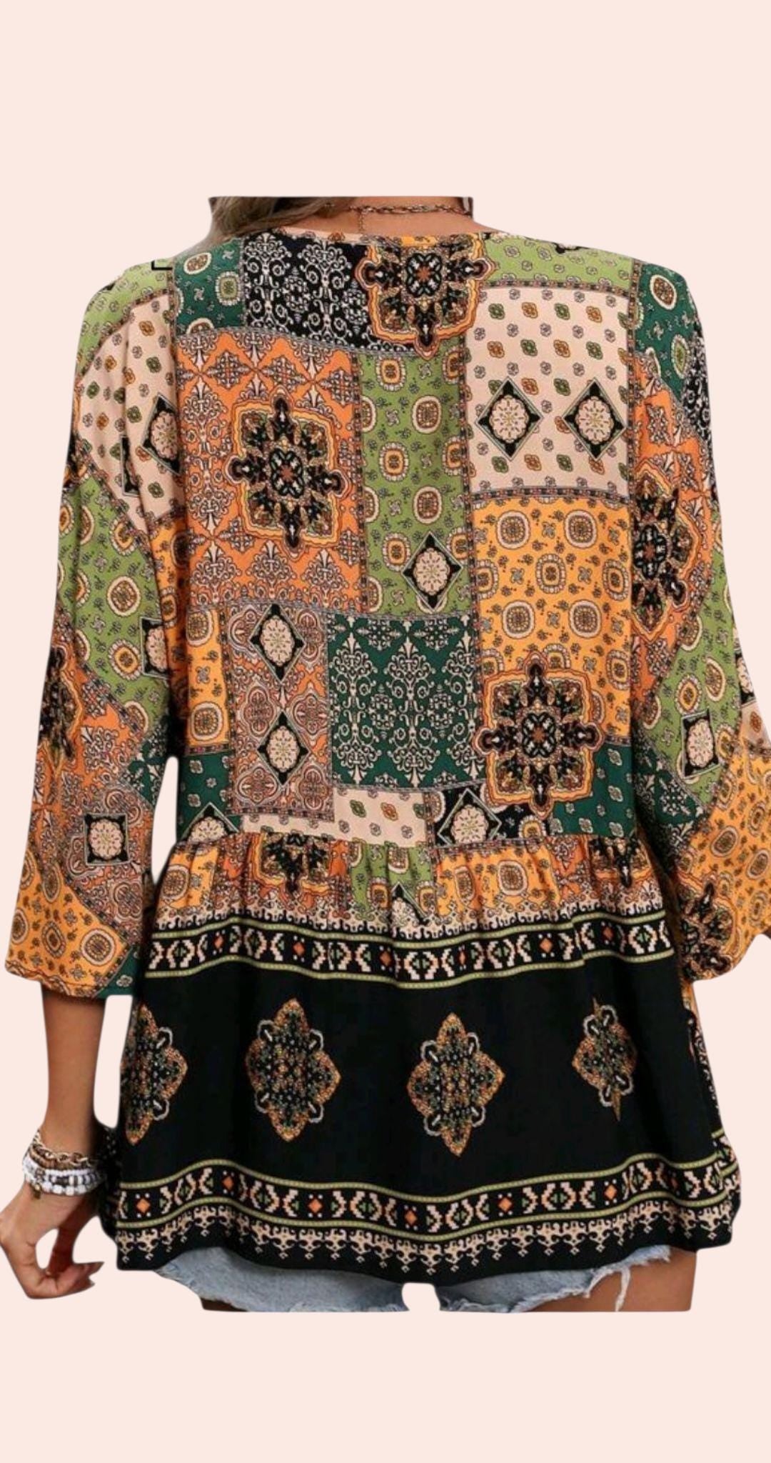 Women's Boho Patchwork Peplum Tunic – 3/4 Sleeve Tie-Front Top – XL