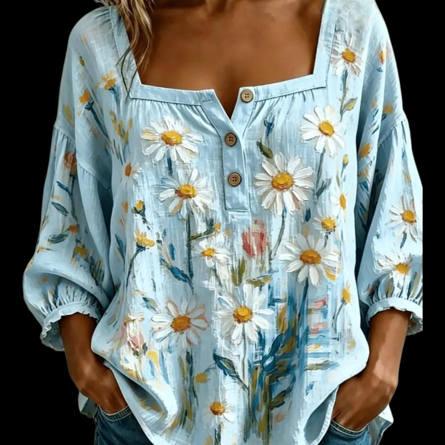 Women's Blue Daisy Boho Blouse – Square Neck, 3/4 Sleeve, Relaxed Fit – Size XL